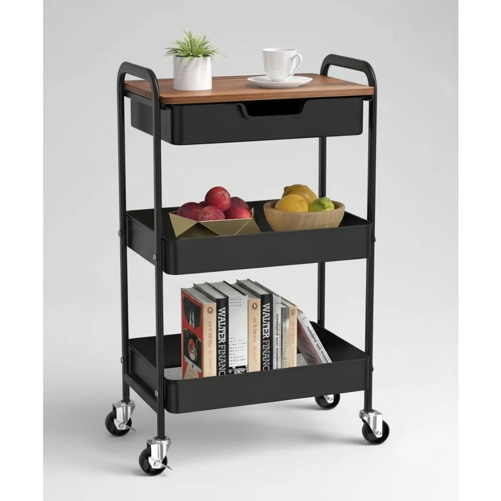 

3-Tier Rolling Cart with Drawer, Sturdy Metal Utility Cart on Wheels for Kitchen Office Bathroom Storage Organizer