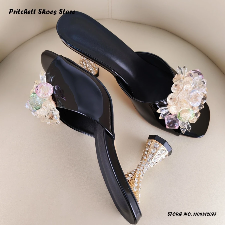 

Женские свадебные туфли с кристаллами, летние, из лакированной кожи, без застежек, для банкетов, элегантные, с квадратным открытым носком, на необычном каблуке, мюли