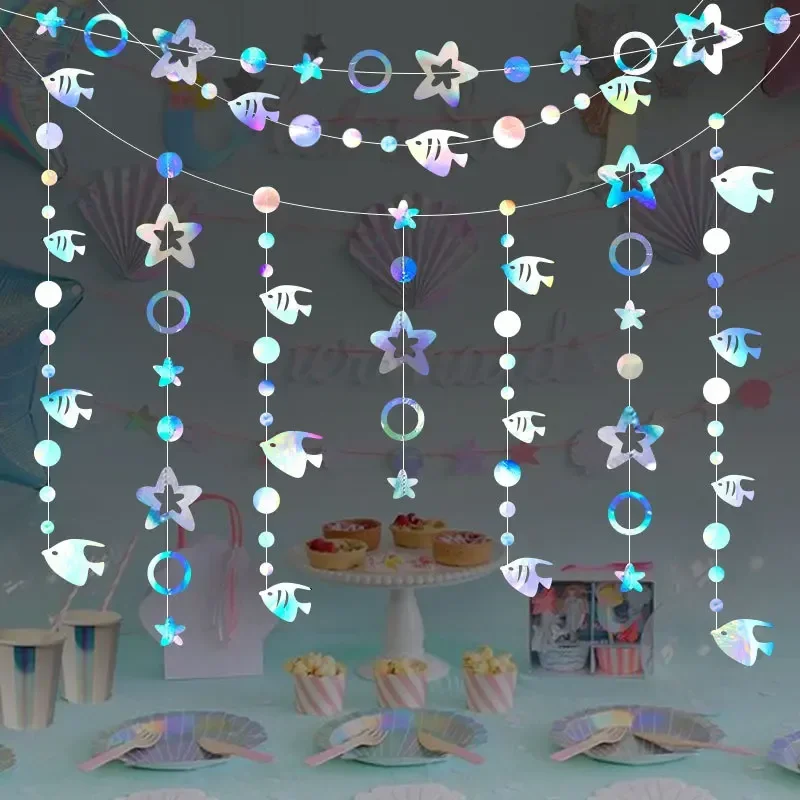 Decoración temática del océano, guirnalda de papel con forma de pez y estrella de mar, colgante para fiesta de cumpleaños, banderines de colores