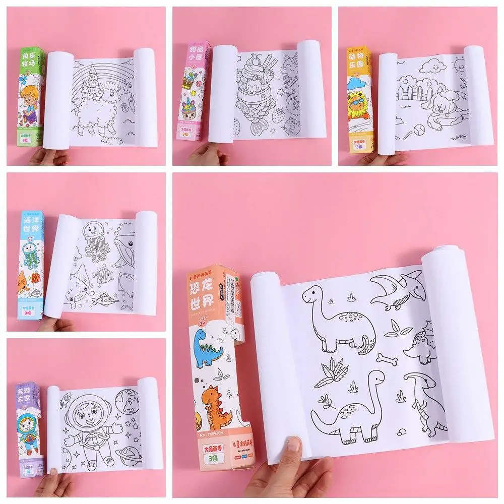 Funny Dinosaur Drawing Roll of Paper Animal Space Graffiti Scroll Color Filling Dessert Children Coloring Paper Gifts