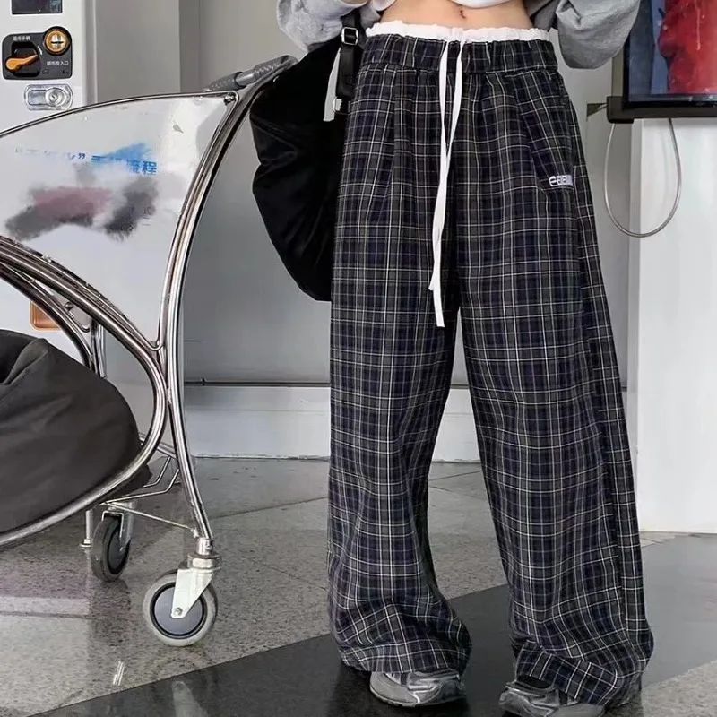 QWEEK Y2k Vintage Plaid Pants Woman America Retro Oversized Casual Sports Trousers Autumn Jogging Streetwear Baggy Pantalones