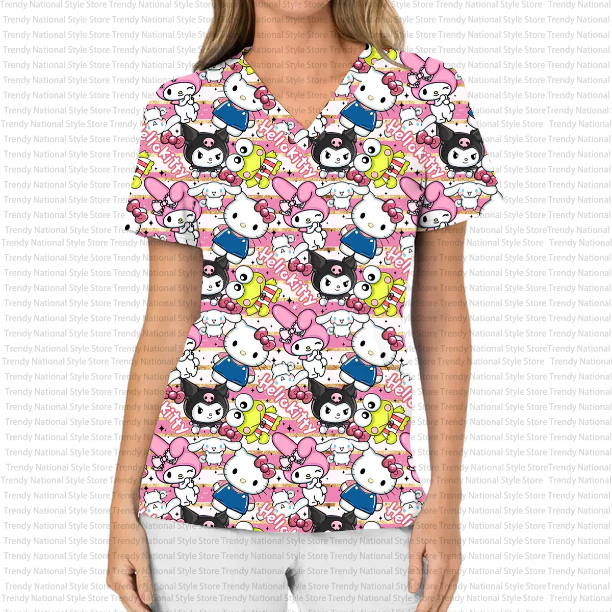 女性の作業服 ソフトマットトップ Vネック ポケットTシャツ 絶妙なハローキティプリント オフィスカジュアルTシャツに最適