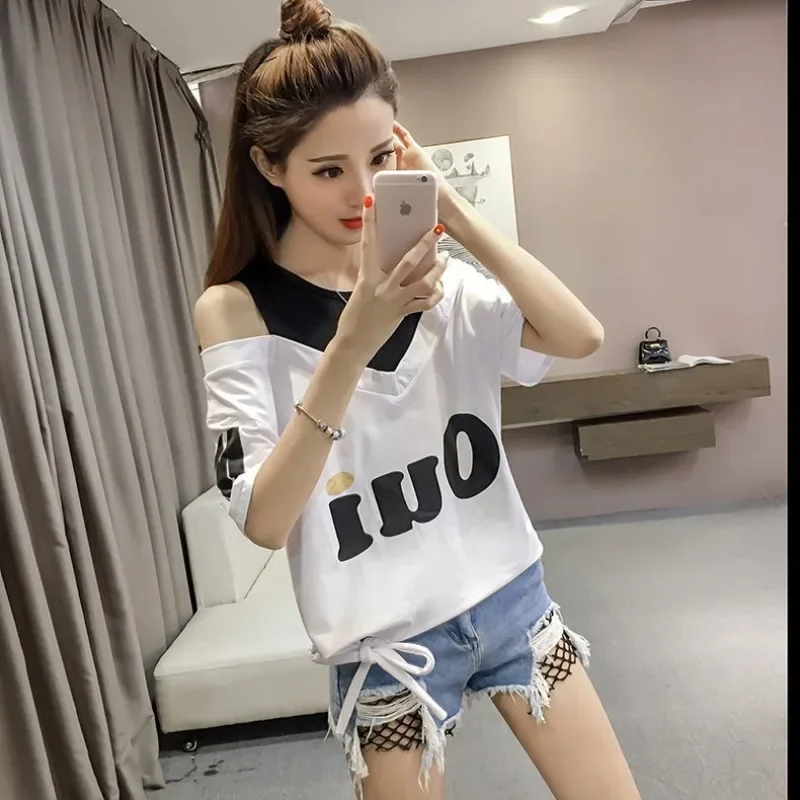 Tops Woman Graphic Off Shoulder Short Sleeve T Shirt for Women White Baggy Harajuku Fashion 90s Vintage Clearance Y2k Clothes