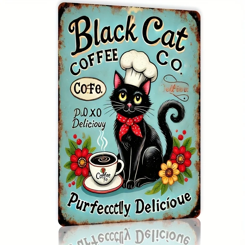 Vintage Aluminum Wall Art 8x12in Waterproof Cute Cat Cafe Sign For Bar Coastal Villa Farmhouse Decor