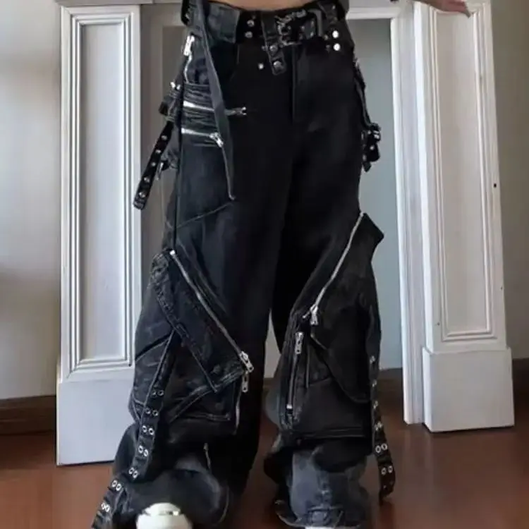 

Gothic Punk Multiket Zipper Bla Jeans for Men And Women PU Fabric Elastic Waist Sle as Described Winter 206 Collection