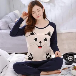 Autumn Thin 2pieces Pyjamas Set Women 2024 Cotton Round Neck Girls Bear Pajamas Sets Teacup Cat Full Sleepwear Tops Pajama Mujer