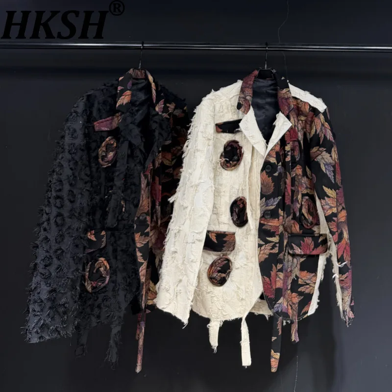 

HKSH Spring Autumn Winter New Men Tide Punk Patchwork Heavy Floral Casual Blazer Niche Dark Chic Fashion Splice Coat Ins HK15889