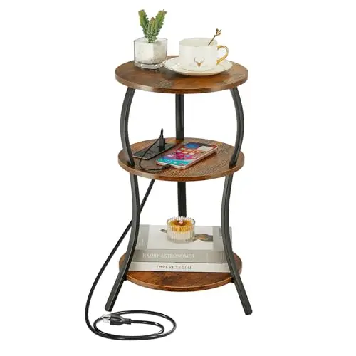 

Маленький круглый приставной столик с зарядной станцией, 3-уровневый круглый столик с полкой для хранения, компактный приставной столик для чая/дивана