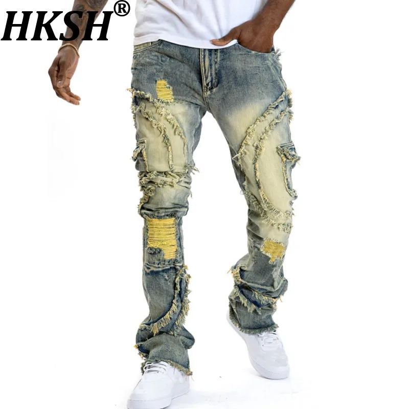 

HKSH Spring Autumn New Men Tide Punk Ripped Flare Fringe Stretch Jeans Vintage High Street Denim Pants Patchwork Chic Ins HK9614