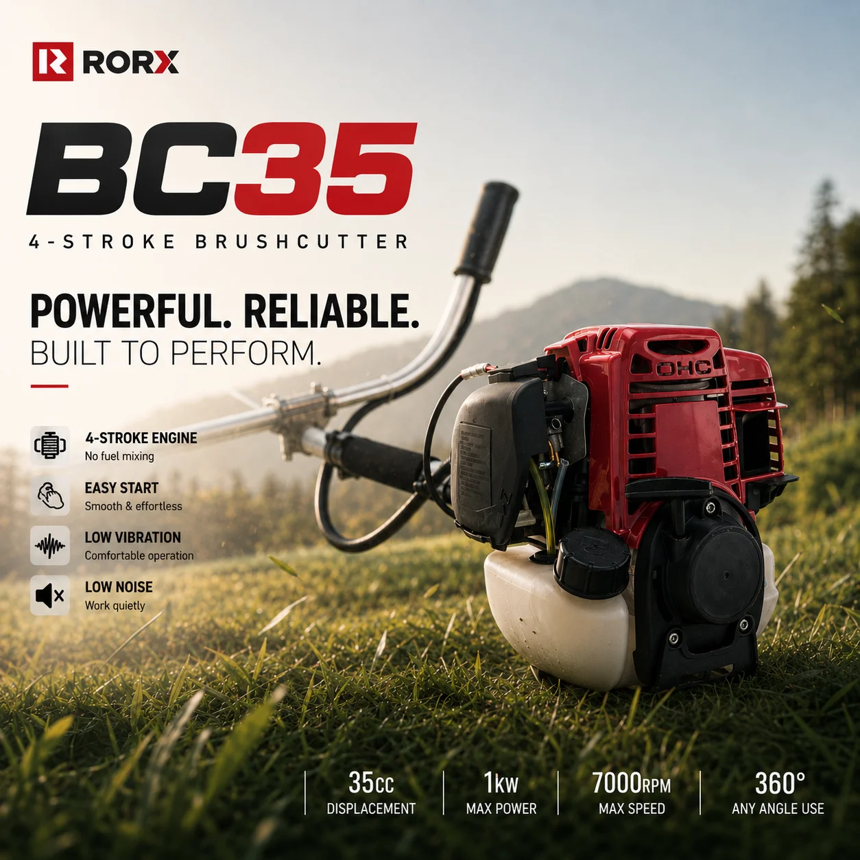 

Factory Direct Industrial Grade RORX BC35 35.8CC 4-Stroke Engine 1000W for Brush Cutter Gardening Use