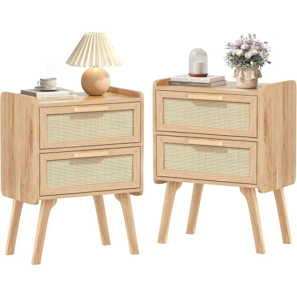 Pair of Bohemian Rattan Nightstands, Two-Drawer Side Tables, Solid Wood Accent Tables for Bedroom