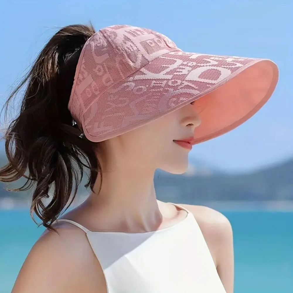 Sunscreen Cap Letter Large Brim Sun Hat UV Protection Stripes UV Protection Hat Breathable Removable Summer Panama Hat Fishing