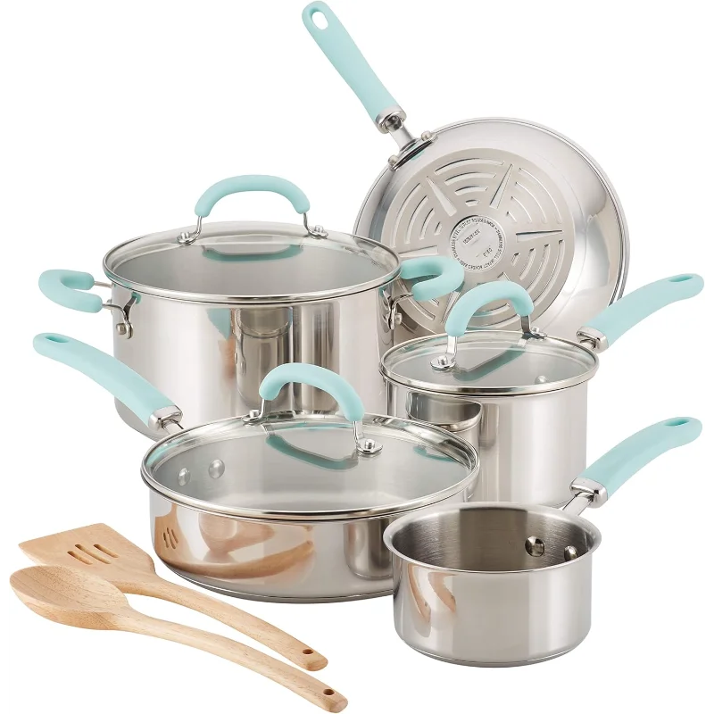 

Набор посуды Rachael Ray Create Delicious из нержавеющей стали, набор кастрюль и сковородок из 10 предметов, нержавеющая сталь со голубыми ручками