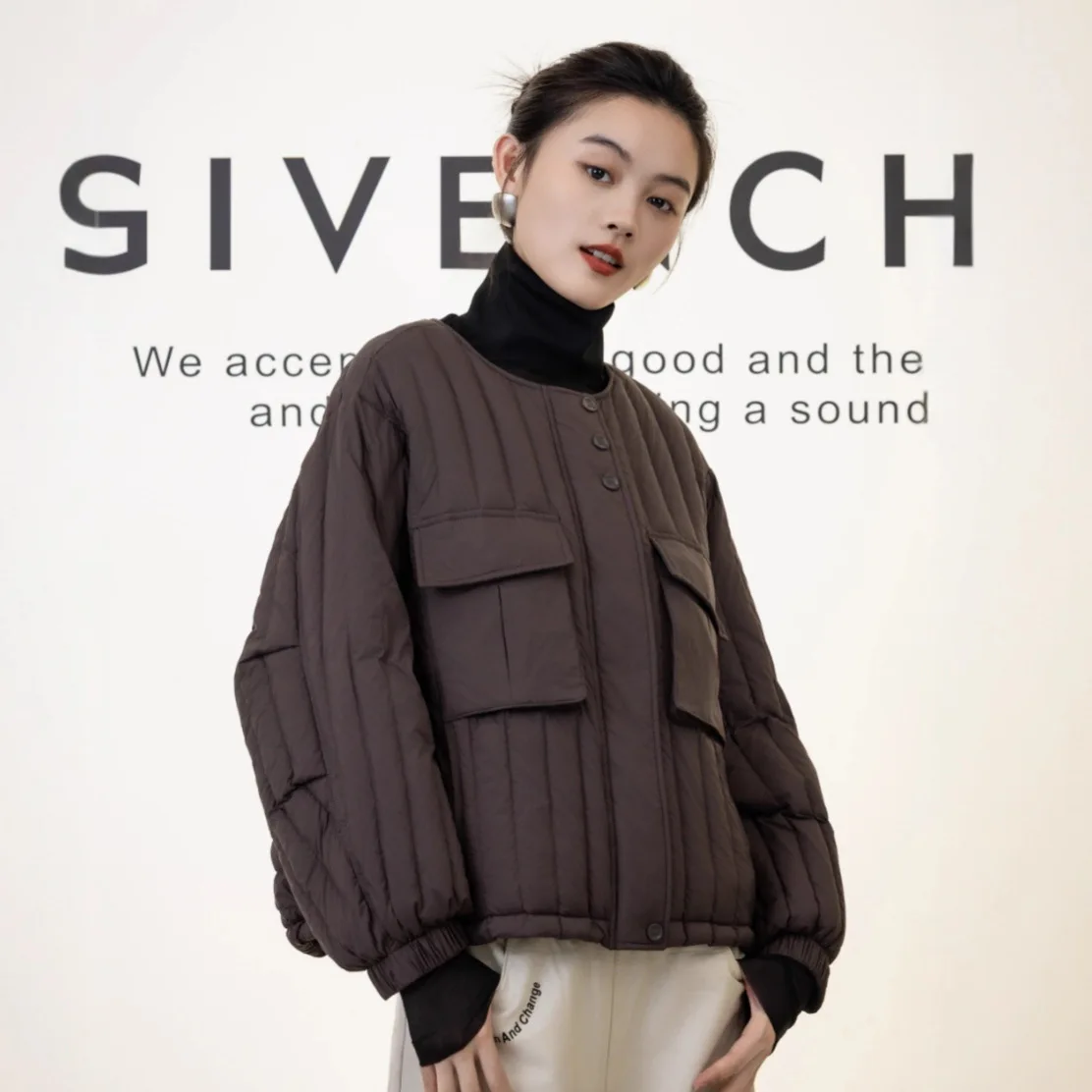 

Large Pocket Loose Round Neck Lightweight 90 White Duck Down Jacket Stand Collar Jacket Women Warm Jacket Quilted Parka Outwear