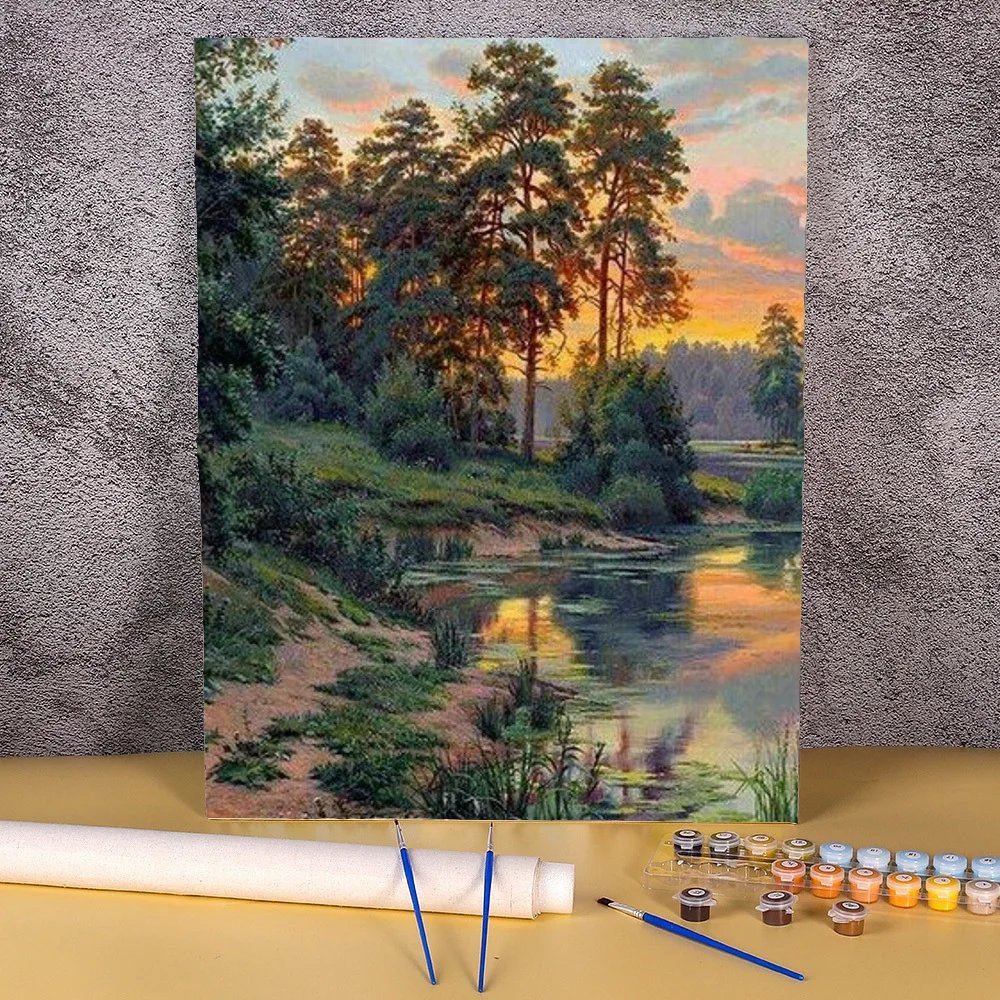 

Diy Paints By Numbers Sunset Forest Picture Oil Painting By Numbers Package Coloring By Numbers Adult Kit On Canvas Wall Art