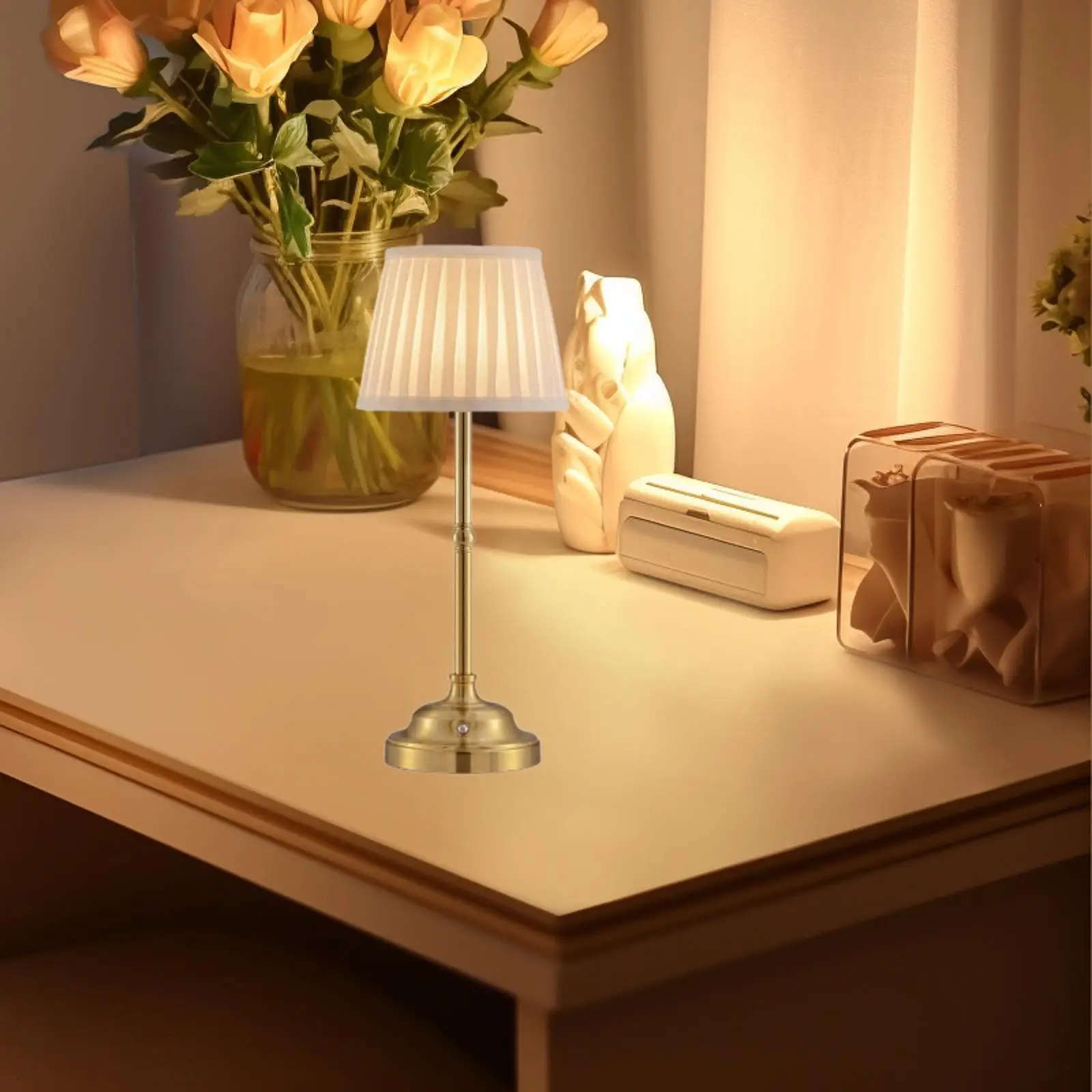 Rechargeable Tabletop Lamp with USB Charging Fabric Shade Dimmer Cozy Bedside Light for Bedroom Hallway Dining Table Decor