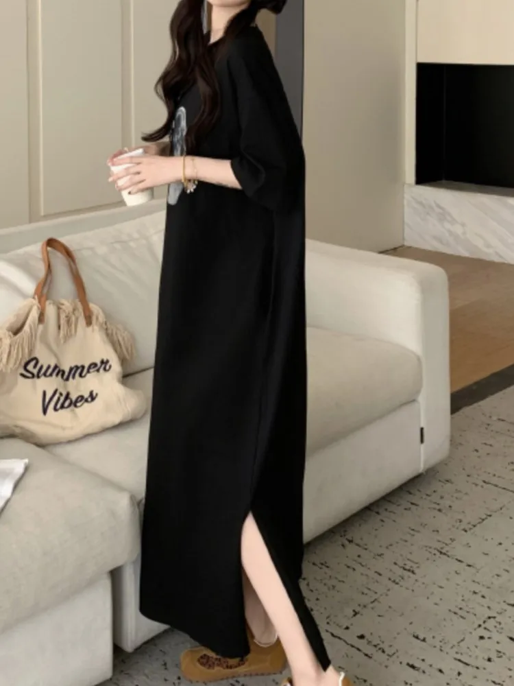 코튼 미디 드레스 여성의 새로운 스타일 홈 긴 티셔츠 드레스 한국어 스타일 우아한 빈티지 숙녀 드레스 Vestidos