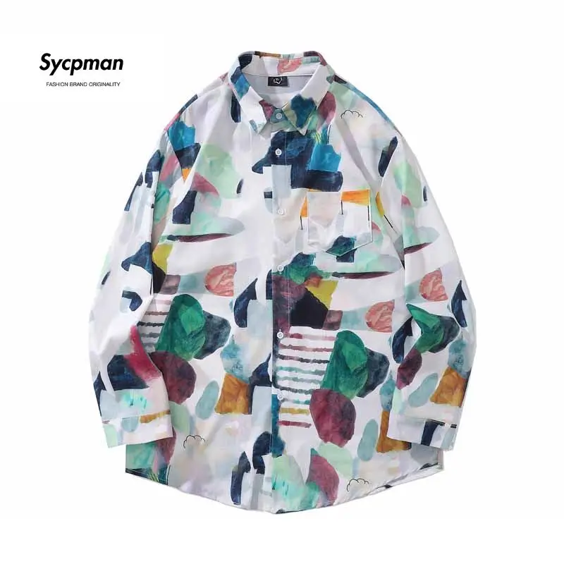 

Sycpman Japanese Contrast Irregular Tie Dyed Long Sleeve Shirts for Men Autumn Loose Hawaiian Style Shirt Couple Streetwear