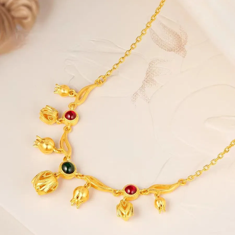 women's retro court style 9999 24K real gold bell orchid necklace temperament set chain light luxury versatile pendants chain