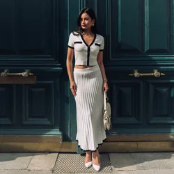 Summer Elegant Solid Color Two Piece Sets Fashion Short Sleeve V-Neck Casual Long Skirt Suit Communte A-Line New Vacation Outfit