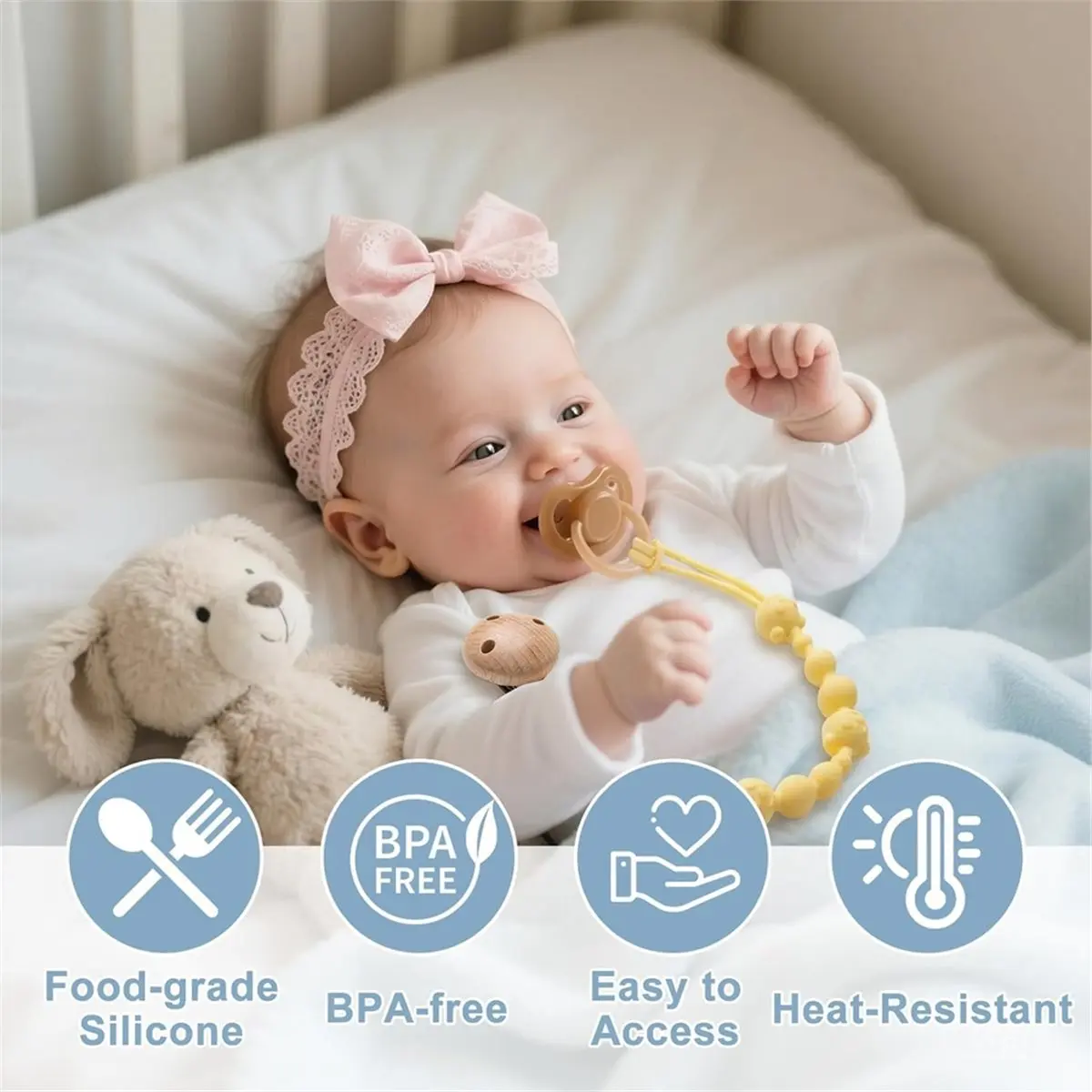 【TODAY-BUY】~@ 4 Pack Silicone Dummy Clip BPA-Free, Wooden Soother Clips, Anti-Drop Pacifier Clips for Teething Toy