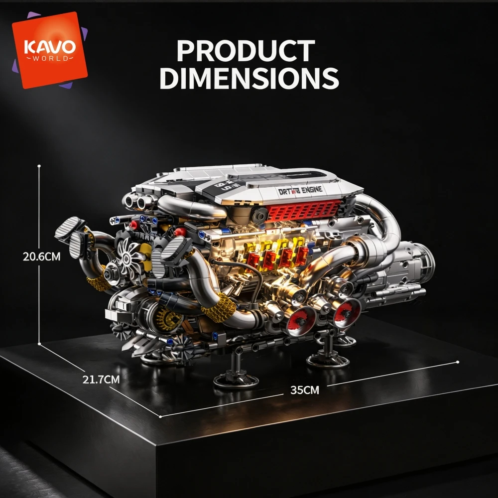 KAVOWORLD 1688Pcs Car Motorized W16 Engine Model Building Blocks Toy Set 35CM Big 16 Cylinder With LED Lighting Metallic Finish Moving Pistons STEM Mechanical Construction Bricks Kit Desktop Decor Gift for Car Lovers Hobbyists New Year Christmas Birthday