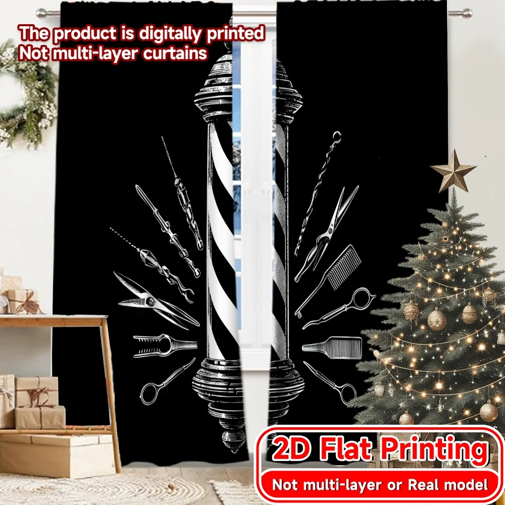 

2D FLAT PRINTING 2pcs Curtains (Without Rod) Barber Tools and Pole Design Modern Fashionable Curtainments during the Saint