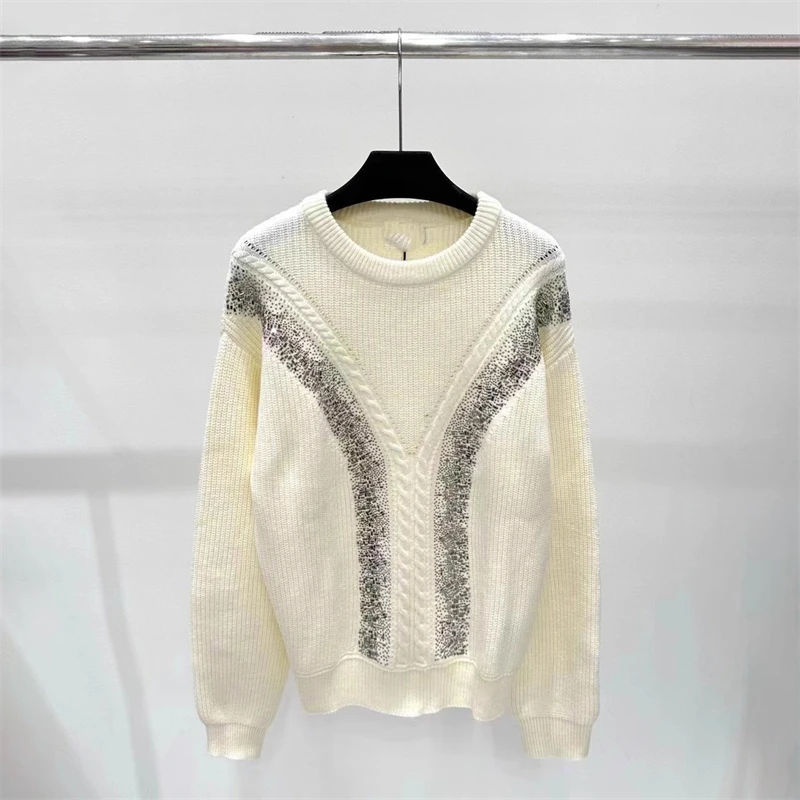 Autumn new women\'s roundNeck heavy workers beaded drilling wool sweater, high quality y2kFashion casual loose short slot knitted