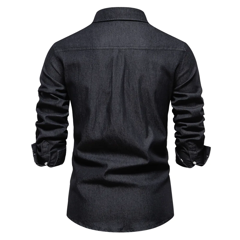 Fashion Autumn Cotton Denim Shirts Men Casual Long Sleeve Quality Cowboy Shirt Solid Color Slim Fit Elastic Jean Shirts for Men