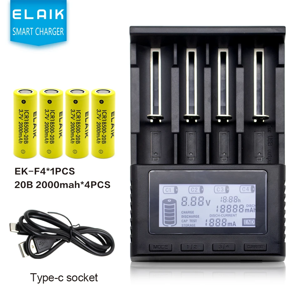 

ELAIK EK-F4 LCD Smart Charger Test Capacity 26650 18650 14500 21700 18500 18350 AA AAA and other 4 slots with battery