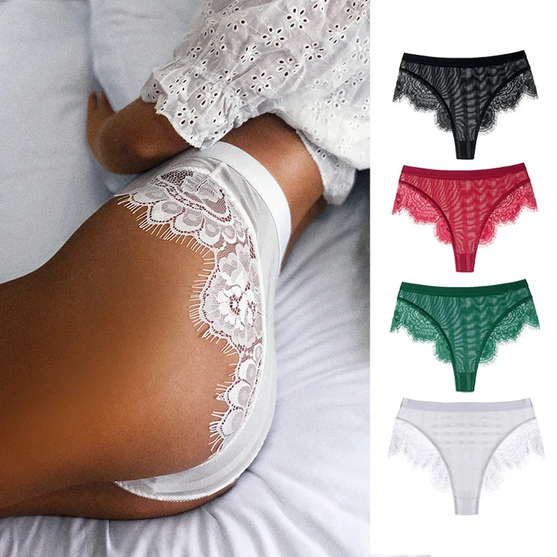 European and American stitching lace V pants sexy and comfortable high fork buttocks high waist net red underwear underwear