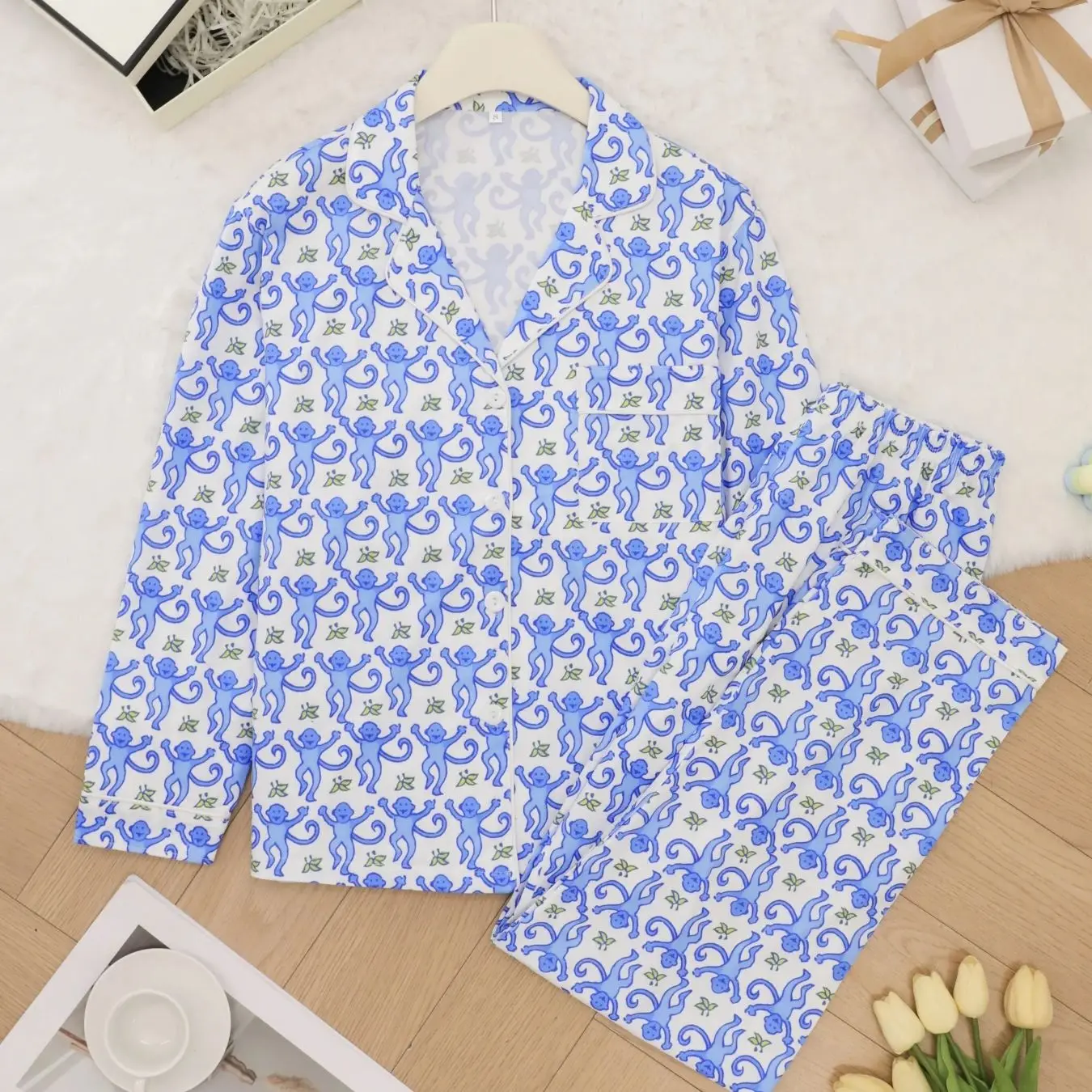 

Женский пижамный комплект Fun Blue Monkey с принтом, воротником, длинными рукавами, брюками, персонализированная домашняя одежда с мультяшным рисунком