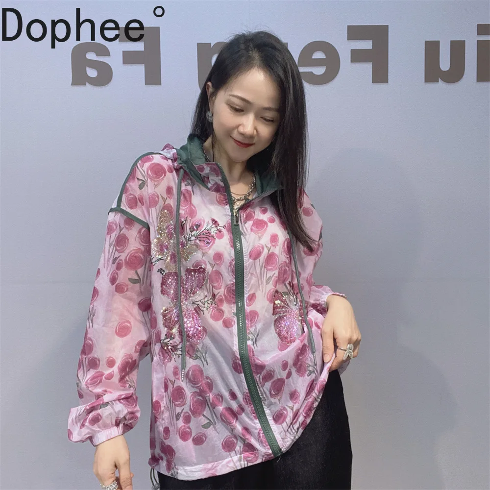 

Air Conditioning Shirt Jacket for Women Cute Cherry Pink Long Sleeve Cardigans Top Hooded Hot Drilling Summer Sunscreen Shirts