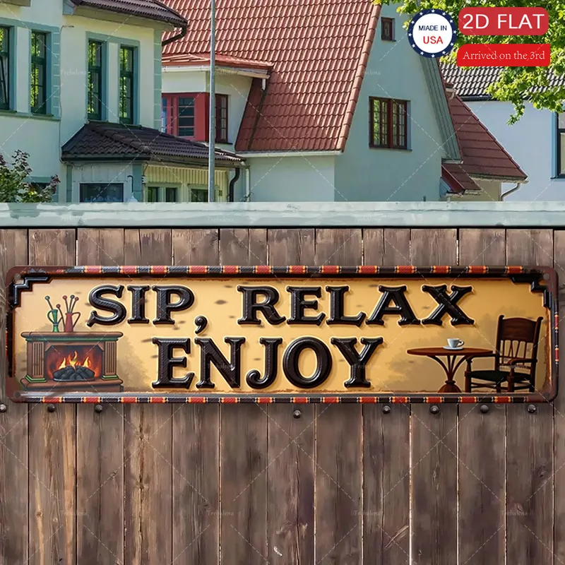 

1pc Metal Sign, 4x16inch "Sip Relax Enjoy: Cozy Fireplace & Coffee Scene Metal Sign"