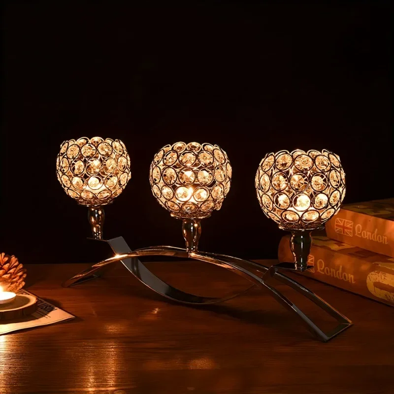 Dinner Candlestick, Crystal Candlestick, 3 Arms European Classic Arch Iron Crystal Ball Romantic Candlelight Dinner Candlestick