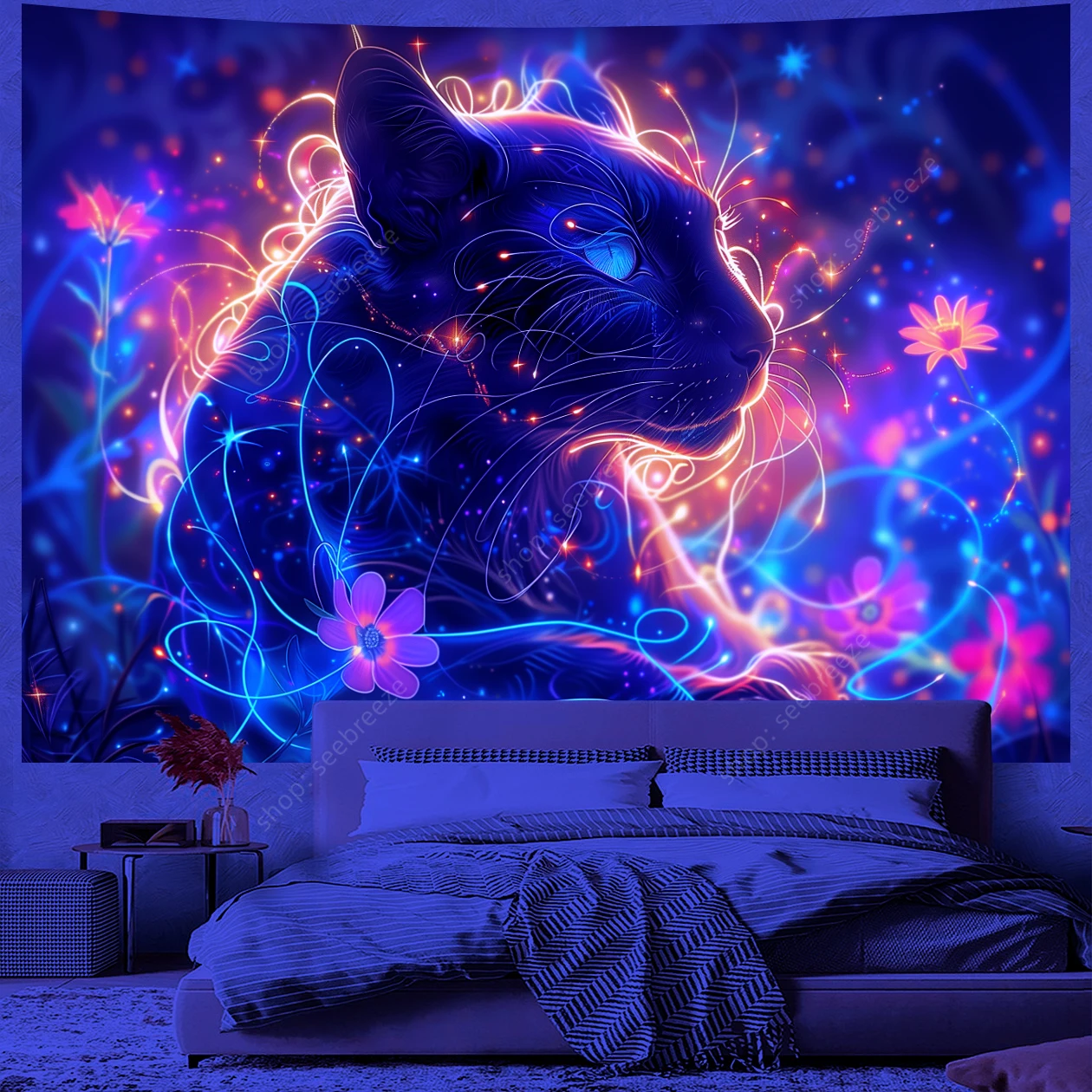 Animal UV Reactive Tapestry Psychedelic Lion Tiger Leopard Tapestry Hippie Aesthetic Room Decor Boho Home Wall Decor Picnic Mat