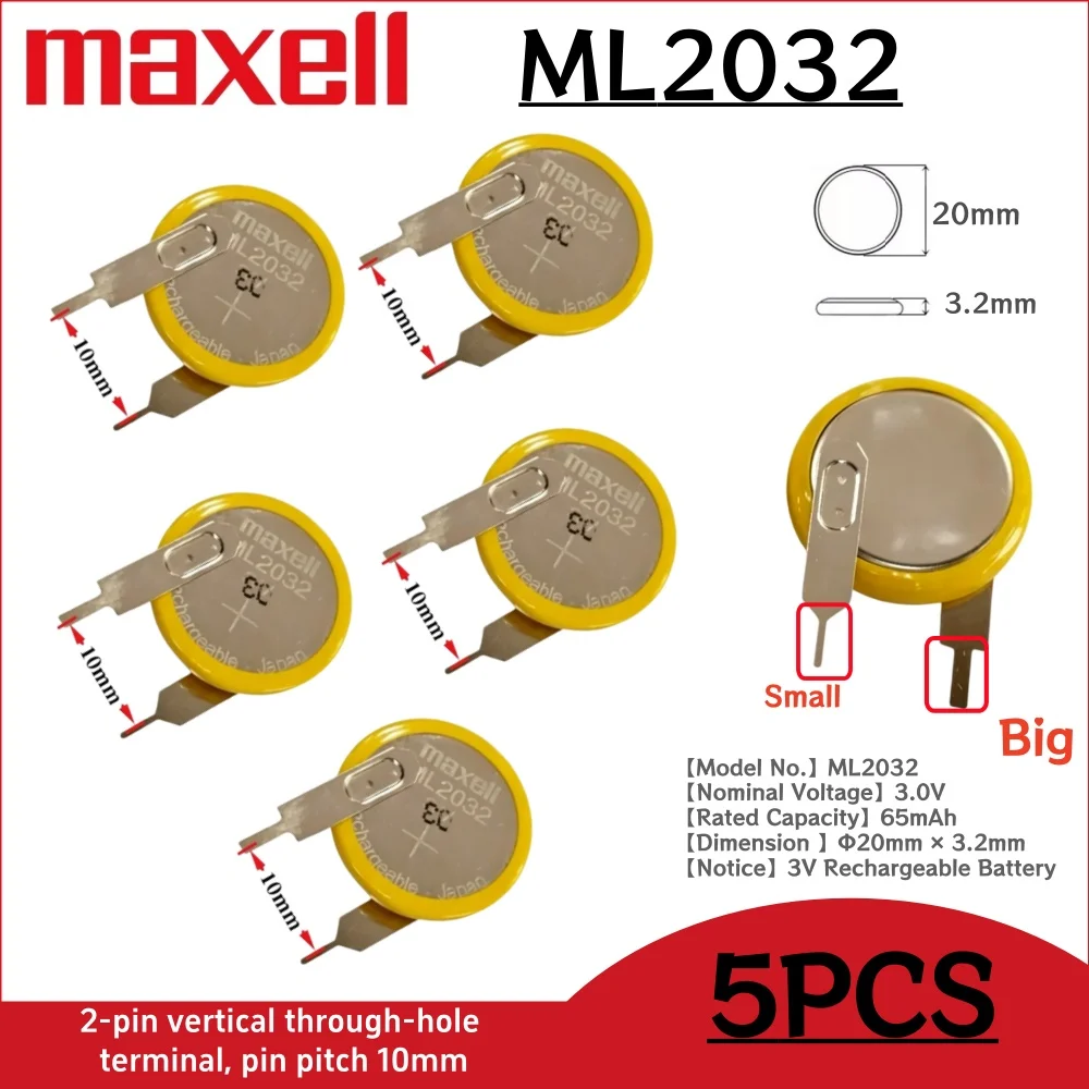 5-50PCS Original ML2032 3V Lithium Rechargeable Battery With Soldered Pin Replaces CR2032 for Car Remote Motherboard Clock Toy