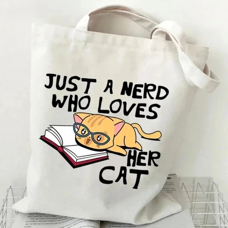 Cat and Book Canvas Handbag Ladies' Cute Cat Shopping Bag Student Tutoring Shoulder Bag Cartoon Handbag