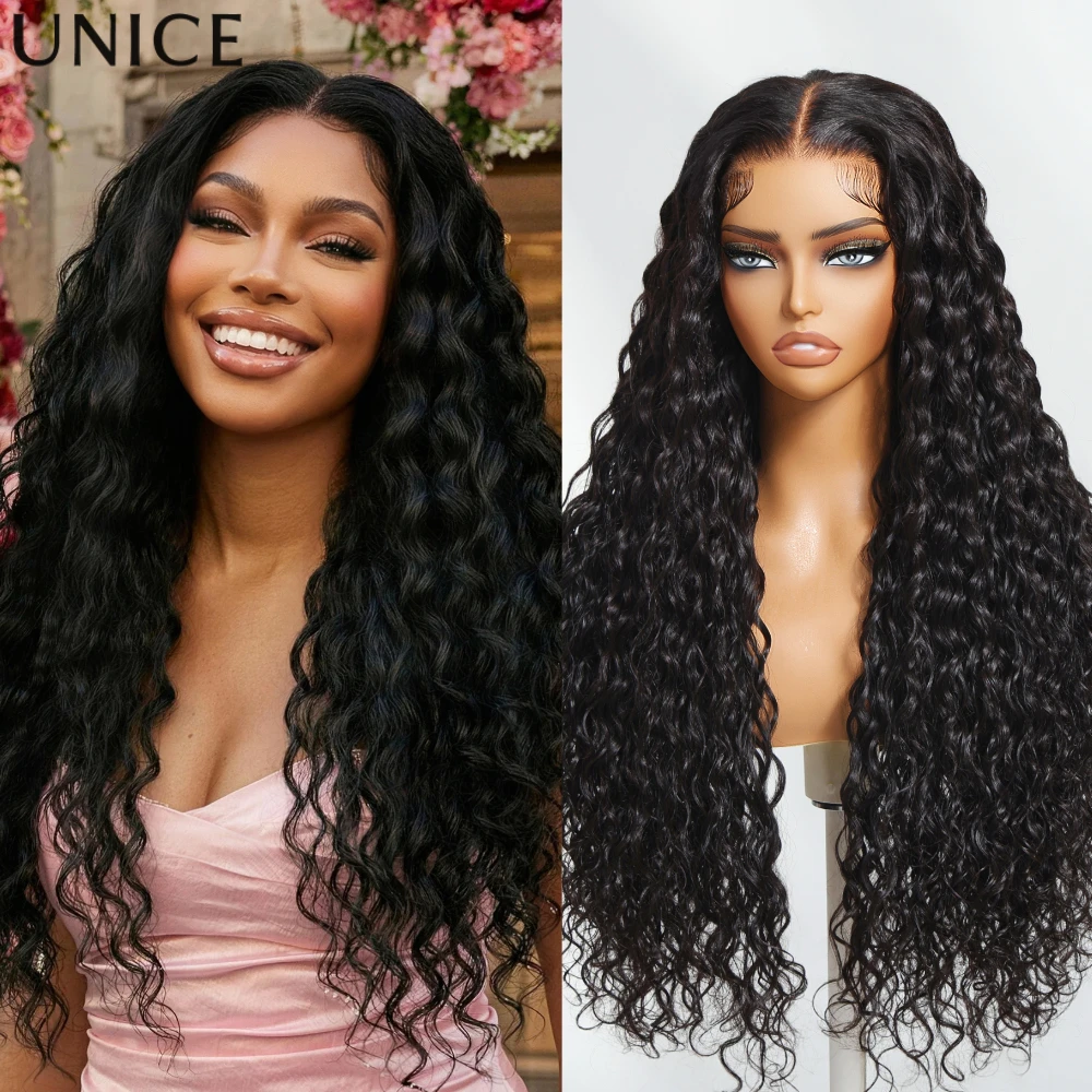 

UNice Hair Drawstring Cap Water Wave Wig With Baby Hair Pre Cut Pre Bleached 7x5 & 13x4 Человеческие волосы Кружевной фронтальный парик Бесклеевой парик