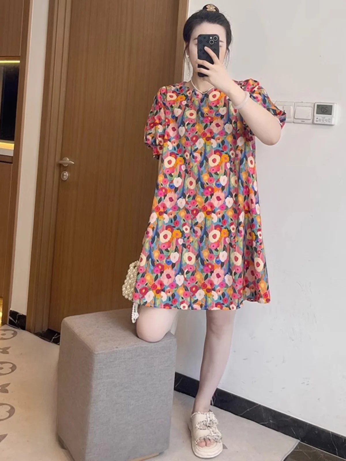 Floral Print A-Line Dr Women's round Ne Loose Slimming Lantern Sve Maxi Dr plus Size Summer New Sle Commute