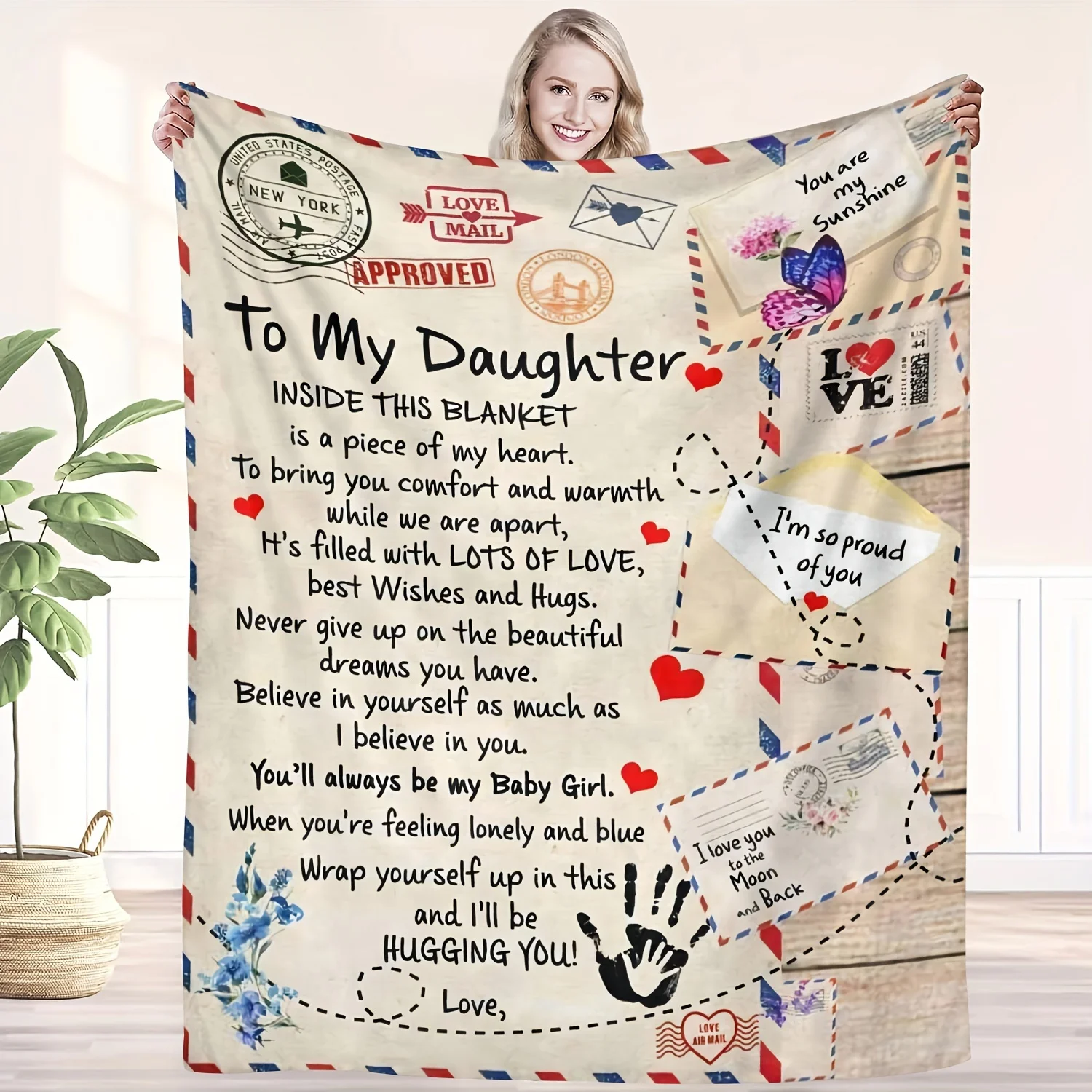 A Soft Flannel Blanket with Creative Text on an Envelope, a Gift Blanket for My Daughter