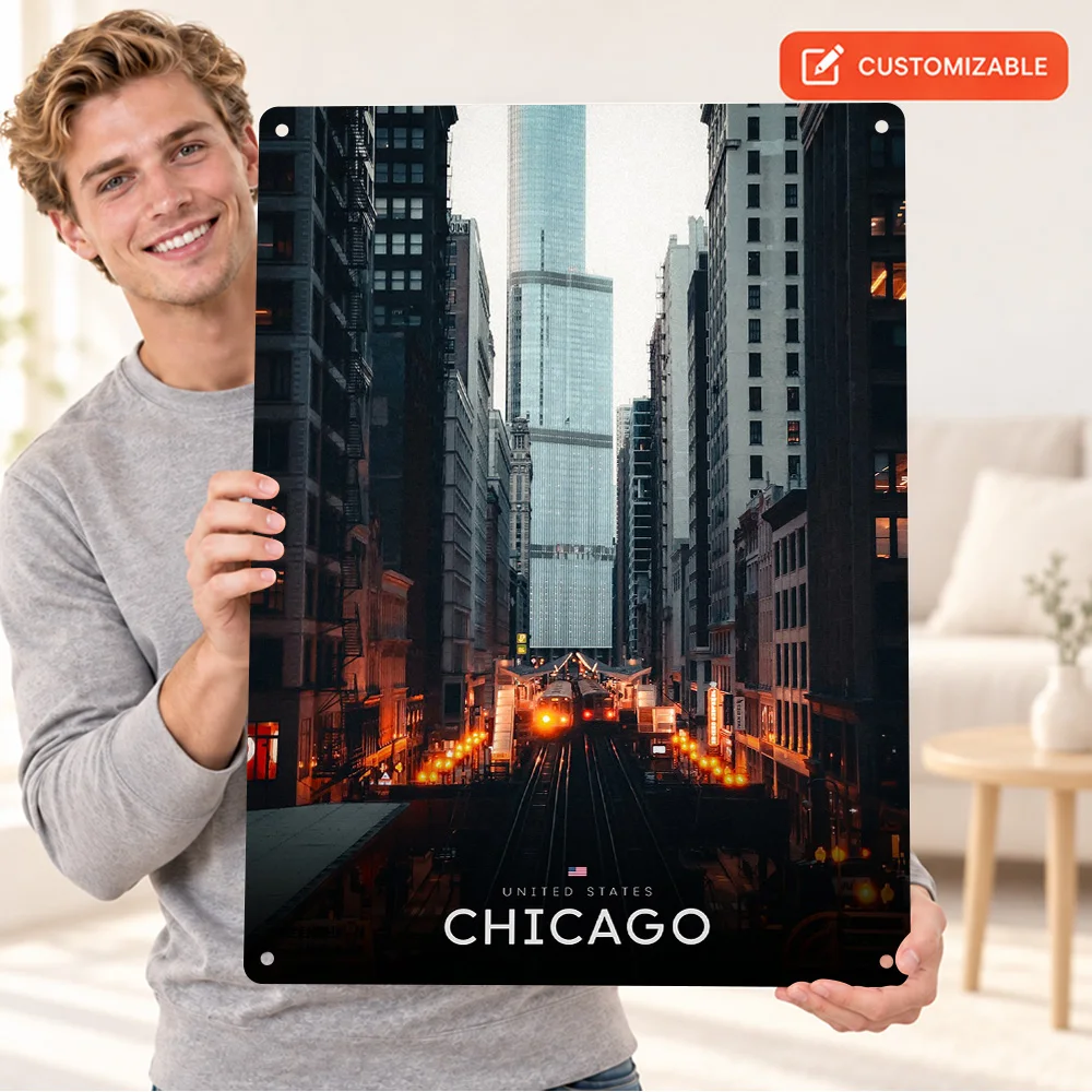 Chicago Cityscape Train Tracks Textured Metal Poster Retro Bold Design Bedroom Wall Art Personalized Aluminum Sign Unique Gift