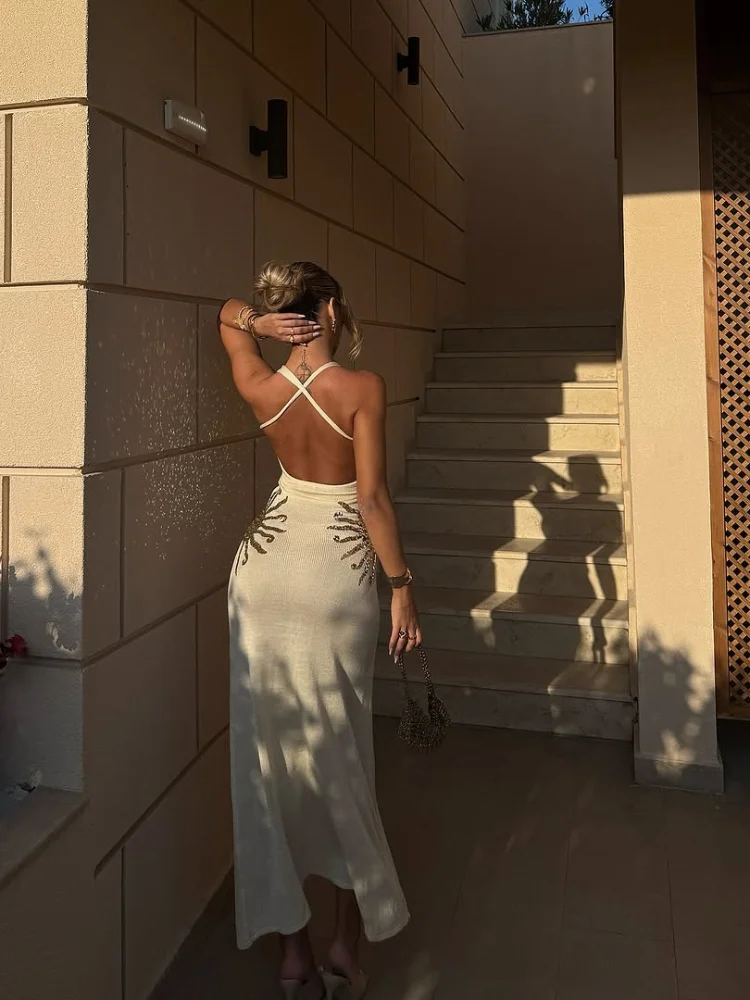 Sexy Hallow Out Knitted Long Dress Women Slim Sleeveless Tube Top Halter Holiday Dresses 2025 Summer Solid See Through Robe