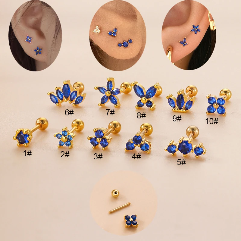 Nowa stal nierdzewna niebieskie z cyrkonią kolekcja stadniny kolczyki Tiny niebieski kryształ motyl ptak dinozaur gwiazda kwiat ucha biżuteria z ćwiekami