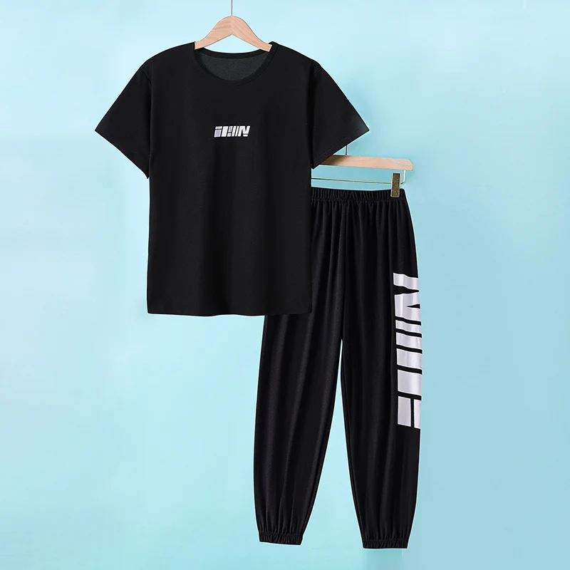 2-pcs الصيف الشباب أزياء إلكتروني مجموعة 13-16 سنة الفتيان والفتيات بسيطة ومتعددة الاستخدامات إلكتروني تي شيرتات قصيرة الاكمام السراويل السوداء #4