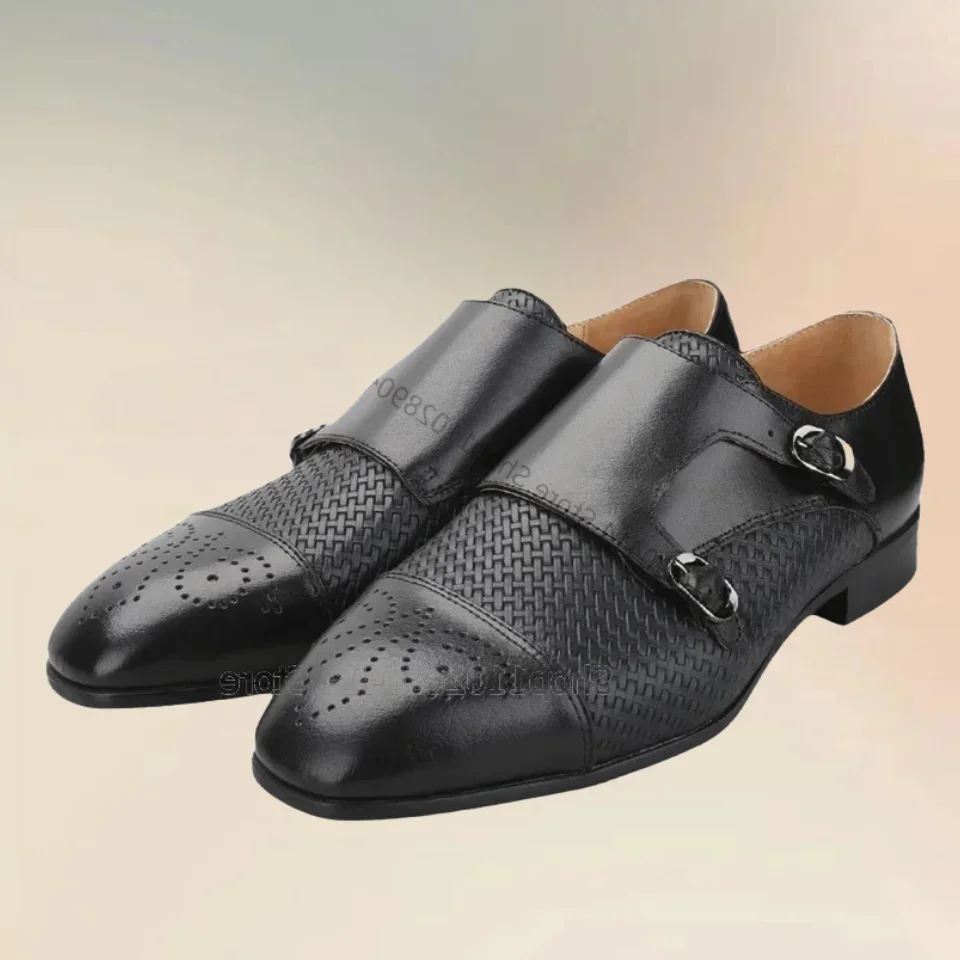 

Black Knitted Pattern Buckle Decor Loafers Fashion Slip On Men Shoes Luxury Handmade Party Feast Banquet Office Men Dress Shoes