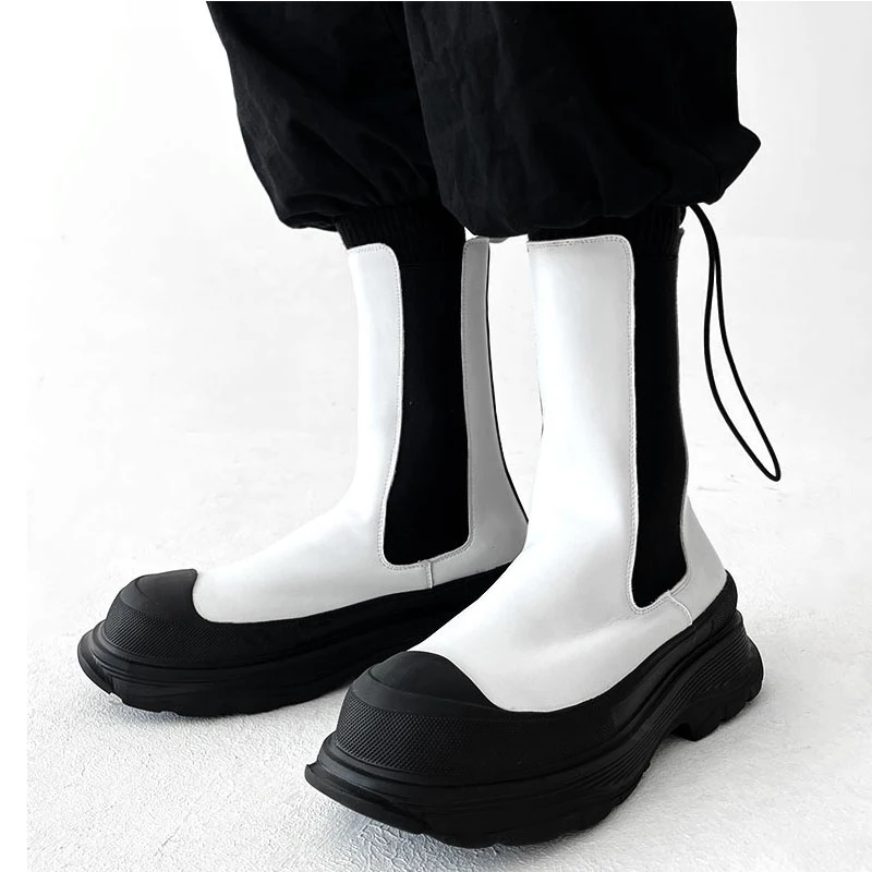 men luxury fashion cosplay stage high chelsea boots slip-on natural leather shoes cowboy platform boot black white long botas
