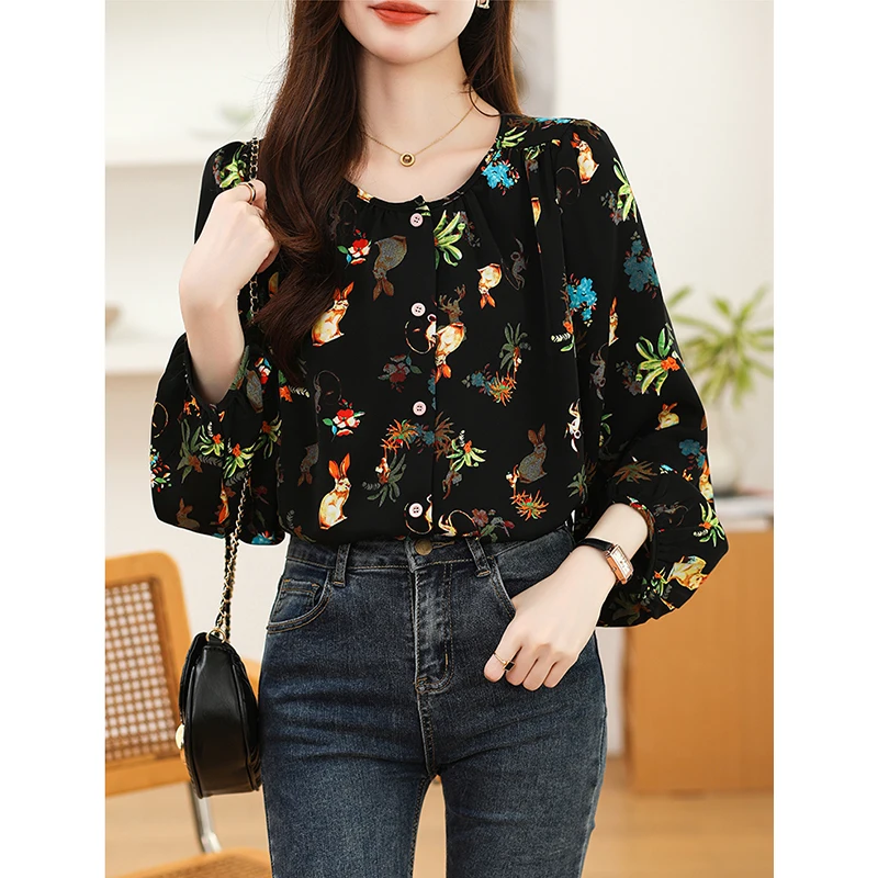 Women Spring Fashion Loose Prairie Chic Floral Chiffon O-neck Long Sleeve Shirts Women Clothes Casual All-match Appear Thin Tops