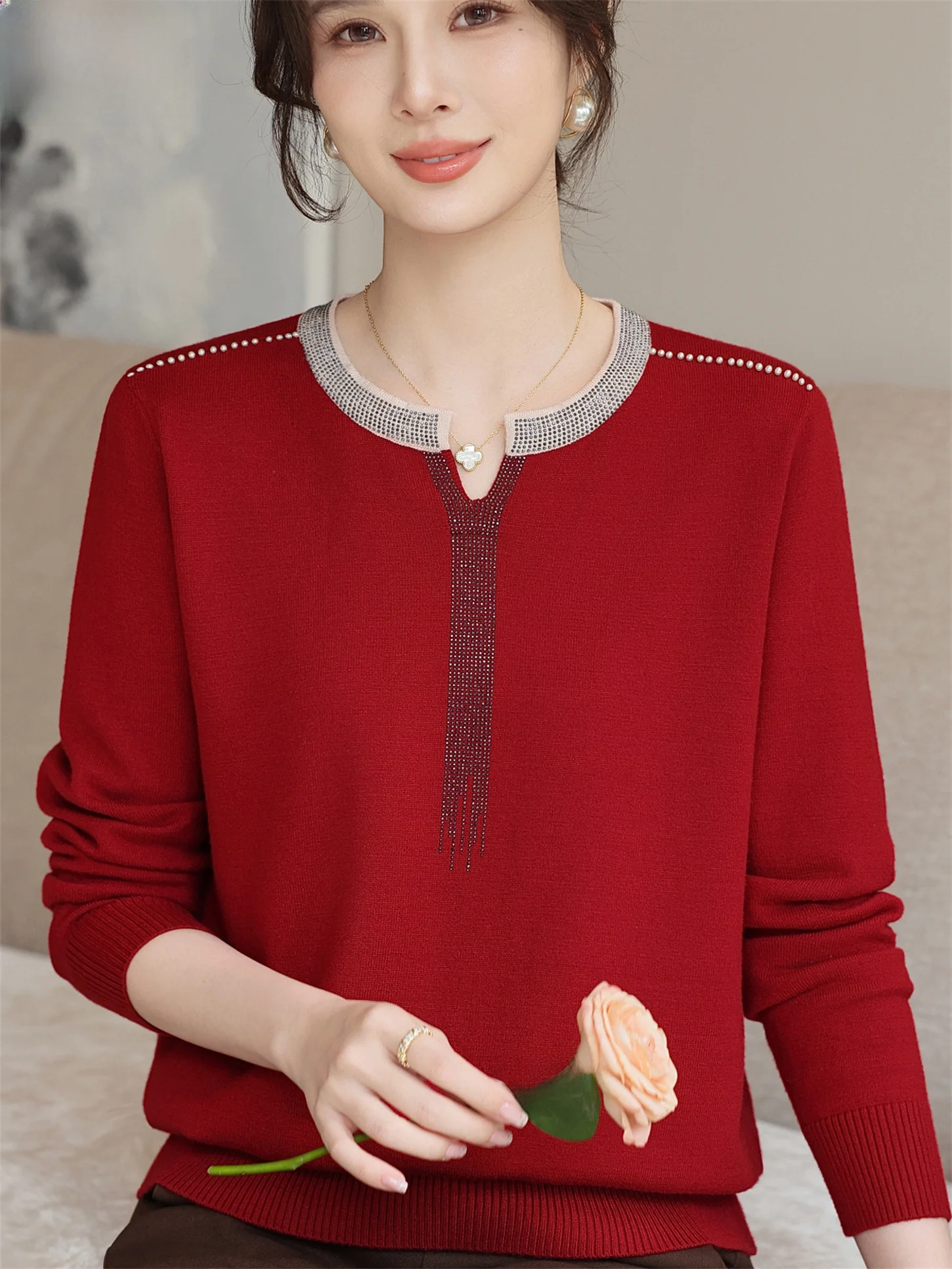 

Faionable Long Sve Woolen Base irt for Middle-Aged Women Spring Autumn Mom Sle Knitted Top Breathable Casual Wear