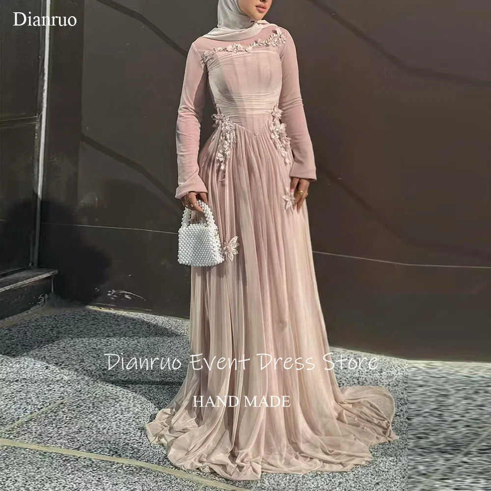 Dianruo 3D 꽃 쉬폰 이브닝 드레스 절묘한 핑크 댄스 파티 드레스 라인 Pleated 이슬람 아라비아 Vestidos De Fiesta Customized